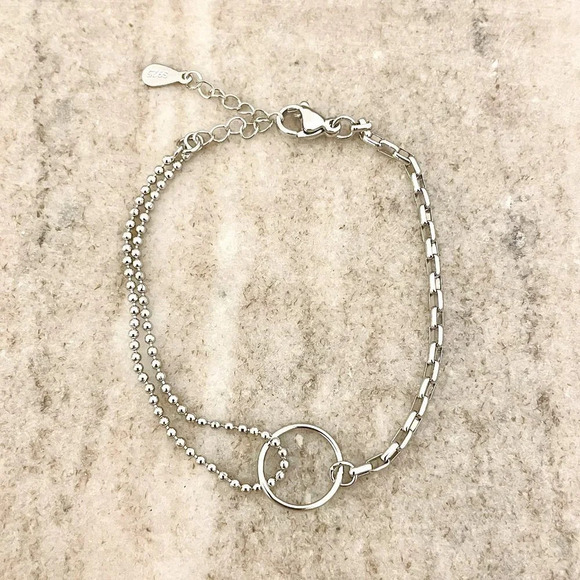 925 Sterling Silver Dainty Circle Bracelet Minimalist Asymmetric Chain Bracelet - Picture 1 of 4